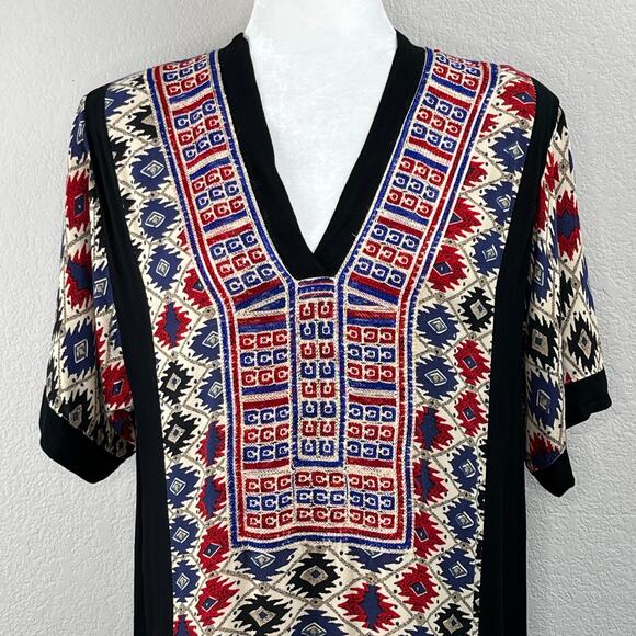 ALM Black Multi Abstract Embroidered V-Neck Boho Ethnic Kaftan Maxi Dress Large - Picture 5 of 13